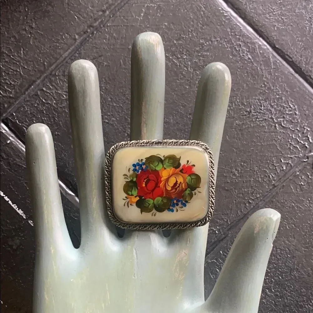 Vintage Hand-painted lacquer florals on MOP Silver Pin, Made in Russia